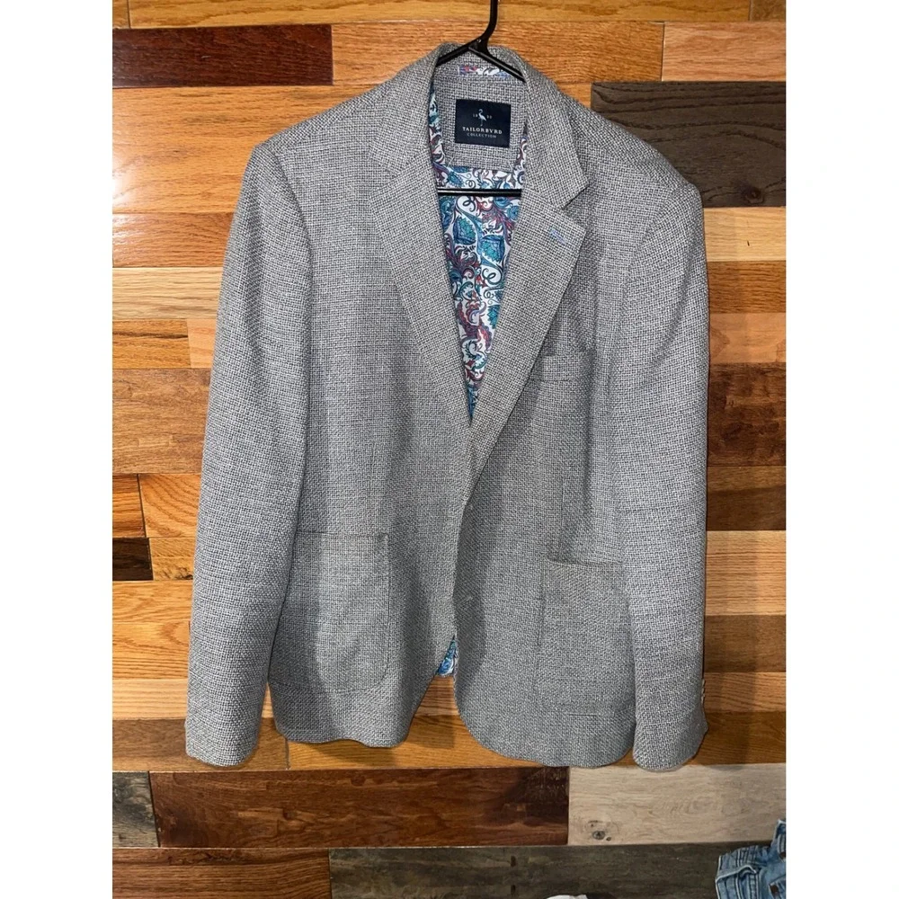 Tailorbyrd Mens 42S Blue Cotton Linen Blend Paisley Lined Sport Coat Blazer